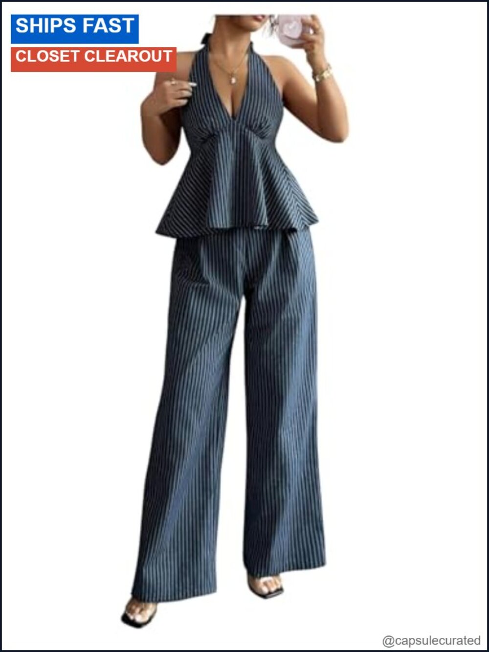 Two Piece Set Halter Top Wide Leg Pants Striped Ruffle Peplum Business Casual
